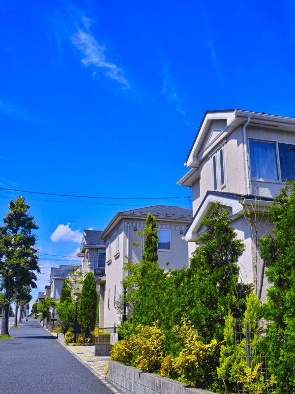 A serene residential street lined with modern homes and lush greenery under a clear blue sky, showcasing the importance of secure environments where a professional locksmith can enhance home safety.