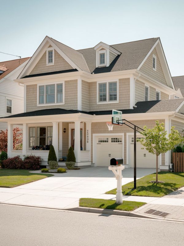 The 107 Best Exterior House Colors A beautiful suburban home with a well-maintained lawn, featuring a basketball hoop and a mailbox at the end of the driveway. This image highlights the importance of home security, where a reliable locksmith can enhance safety and peace of mind for homeowners.